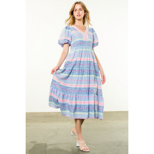 THML - Puff Sleeve Pattern Dress - Blue