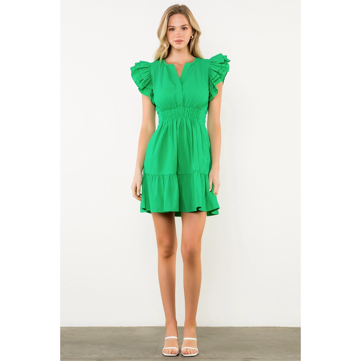 Smocked Waist Ruffle Sleeve Mini Dress - Green