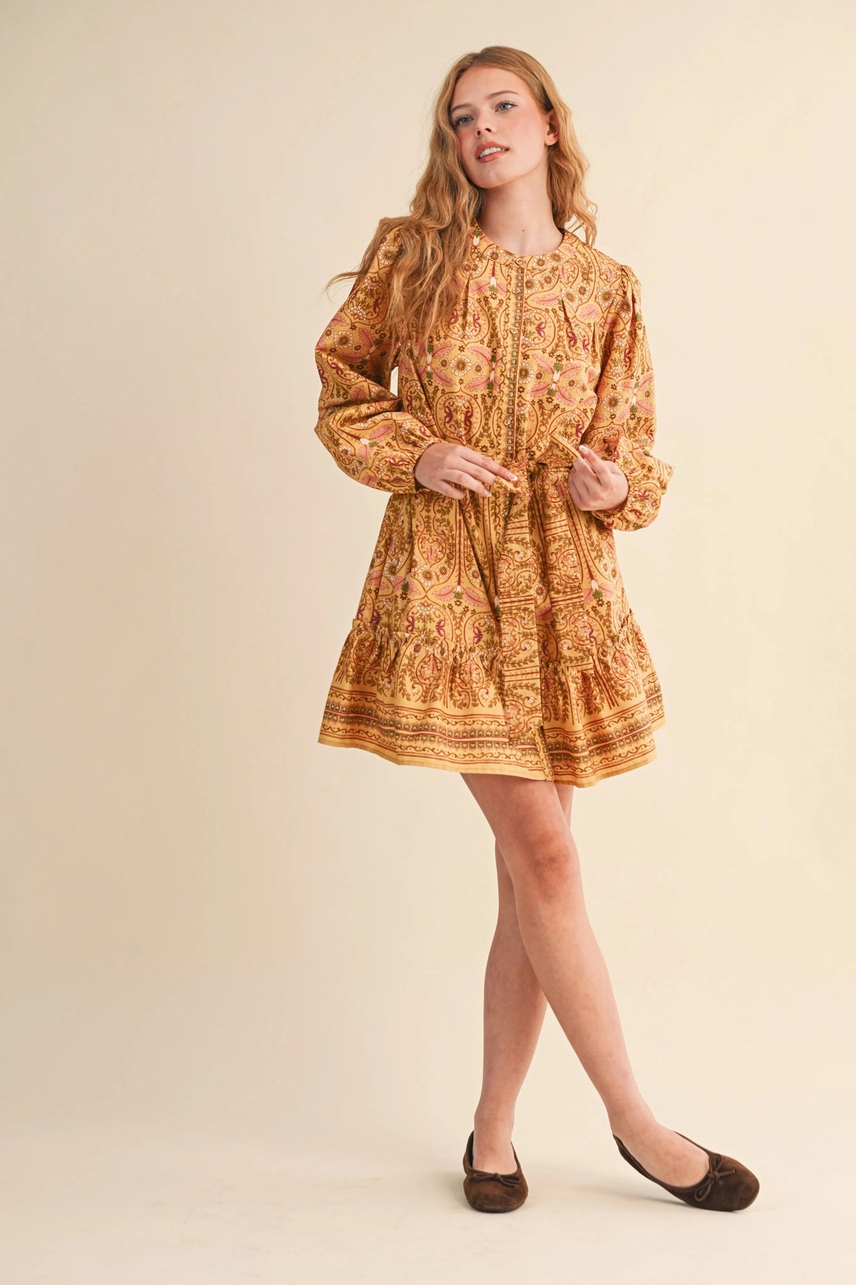 Exclusive Floral Print Button Down Belted Mini Dress - Mustard Multi
