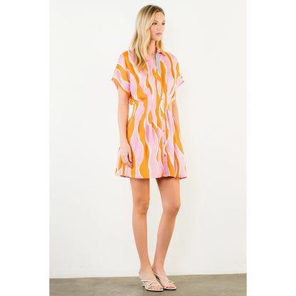 Short Sleeve Wavy Striped Pattern Dress - Pink