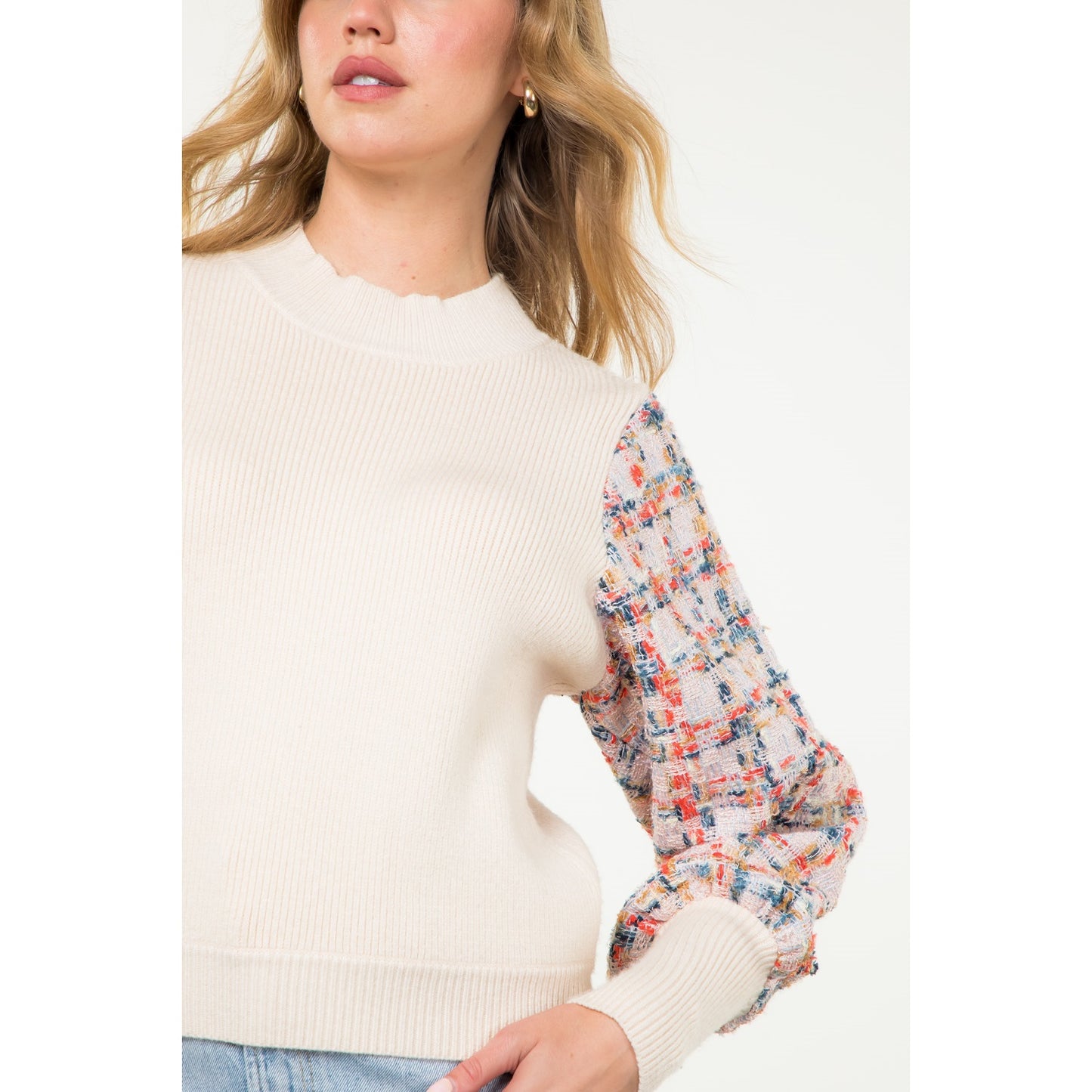 THML - Mixed Media Knit Sweater - Cream