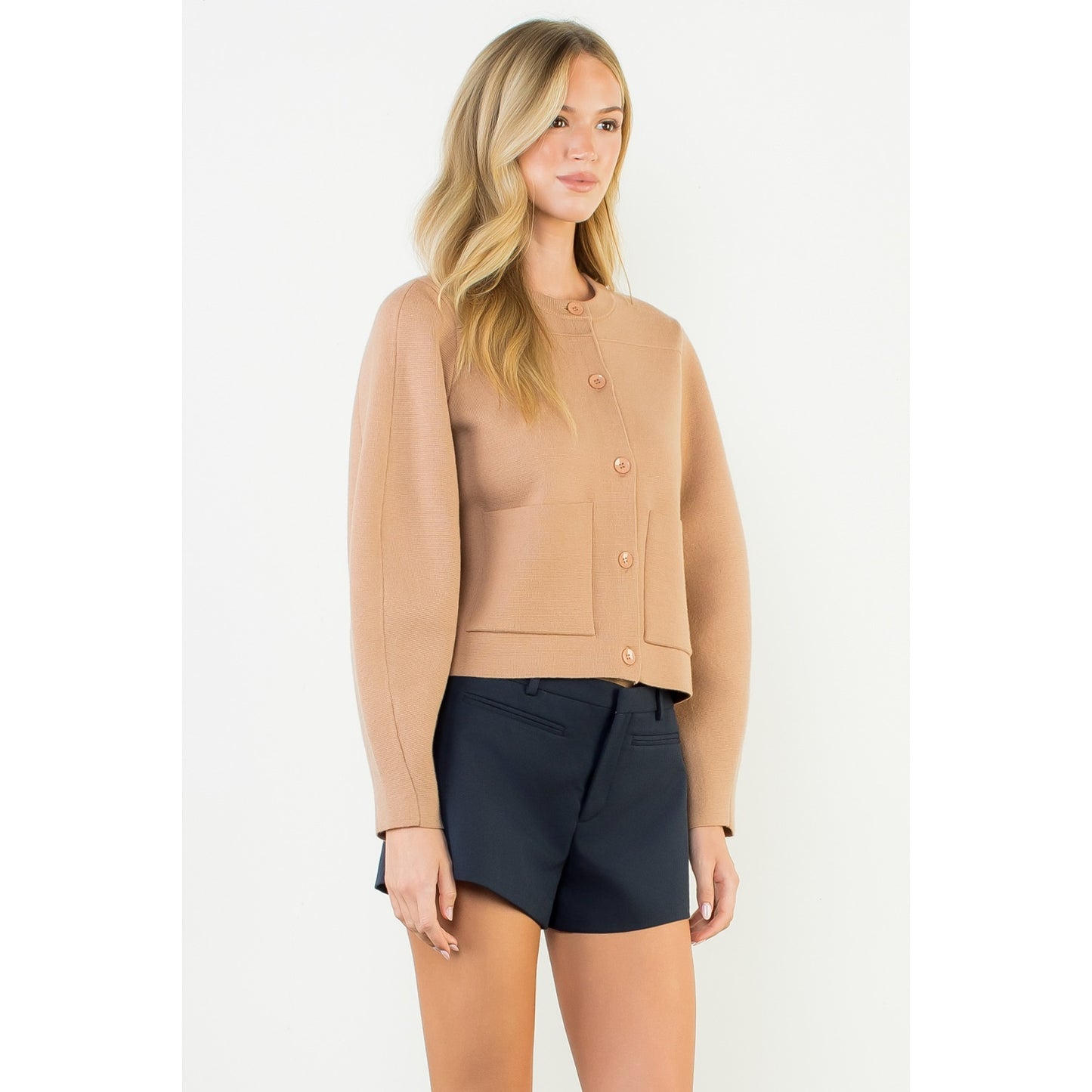 Long Sleeve Cropped Cardigan - Beige