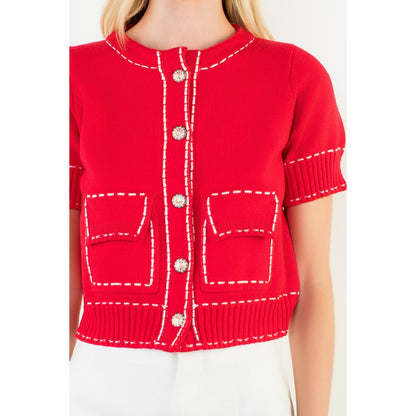 Short Sleeve Knitted Button Up Top - Red