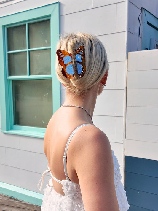 Hand-Painted Boho Monarch Claw Hair Clip | Eco-Friendly | Blue