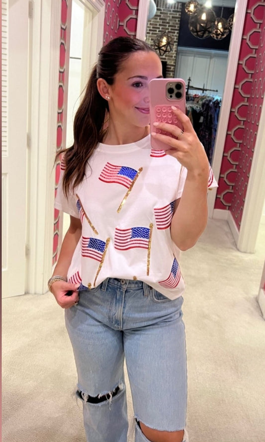 Queen of Sparkles - White Scattered Metallic American Flag Tee