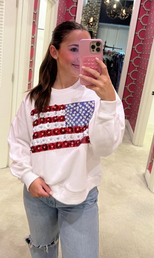 Queen of Sparkles - White Flower American Flag Sweatshirt