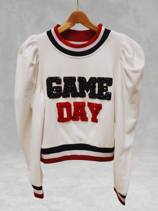 Queen of Sparkles - White, Black & Red Jeweled 'Game Day' Poof Sleeve Sweatshirt