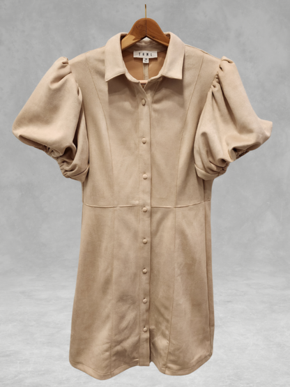 THML - Puff Sleeve Suede Button Up Dress - Cream