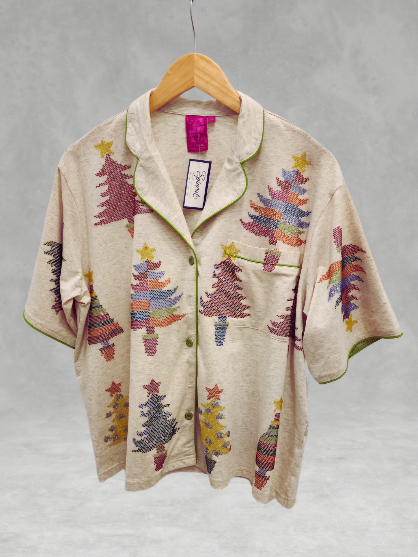 Queen of Sparkles - Beige Colorblock Trees Christmas Pajama Top