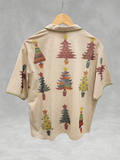 Queen of Sparkles - Beige Colorblock Trees Christmas Pajama Top