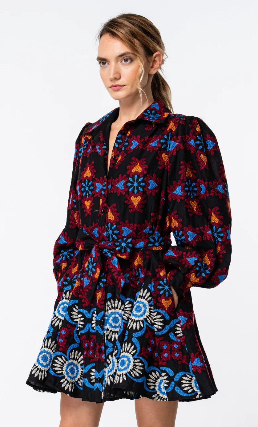 CIEBON - Nena Embroidered Mini Shirt Dress - Black Multi