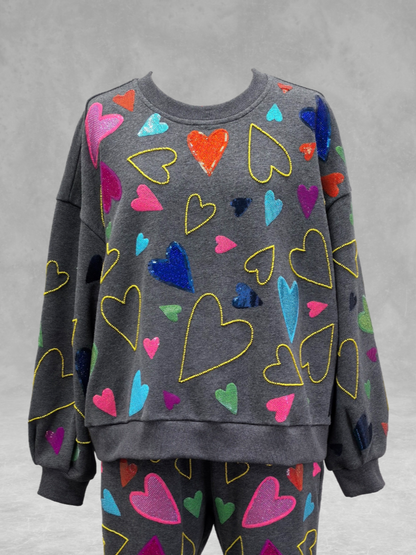 Queen of Sparkles - Grey Groovy Hearts All Over Sweatshirt