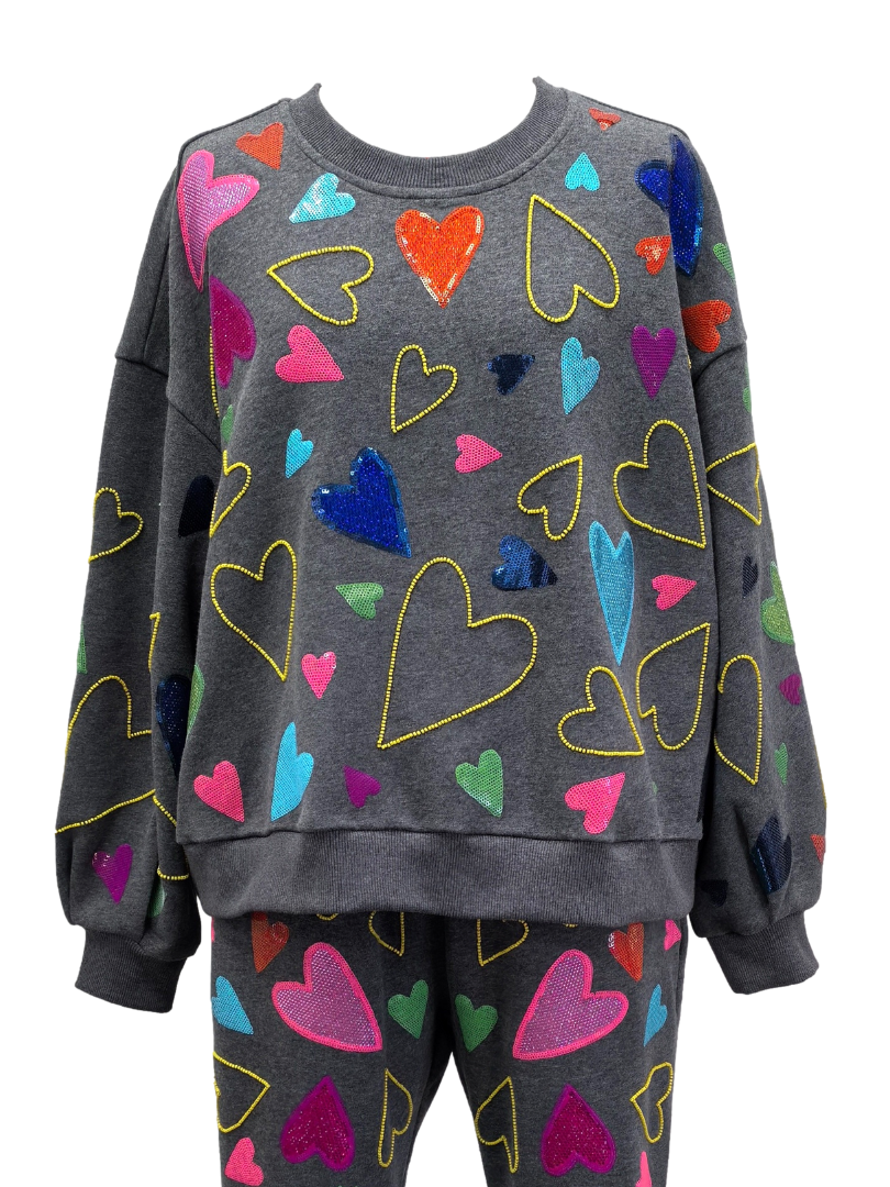 Queen of Sparkles - Grey Groovy Hearts All Over Sweatshirt