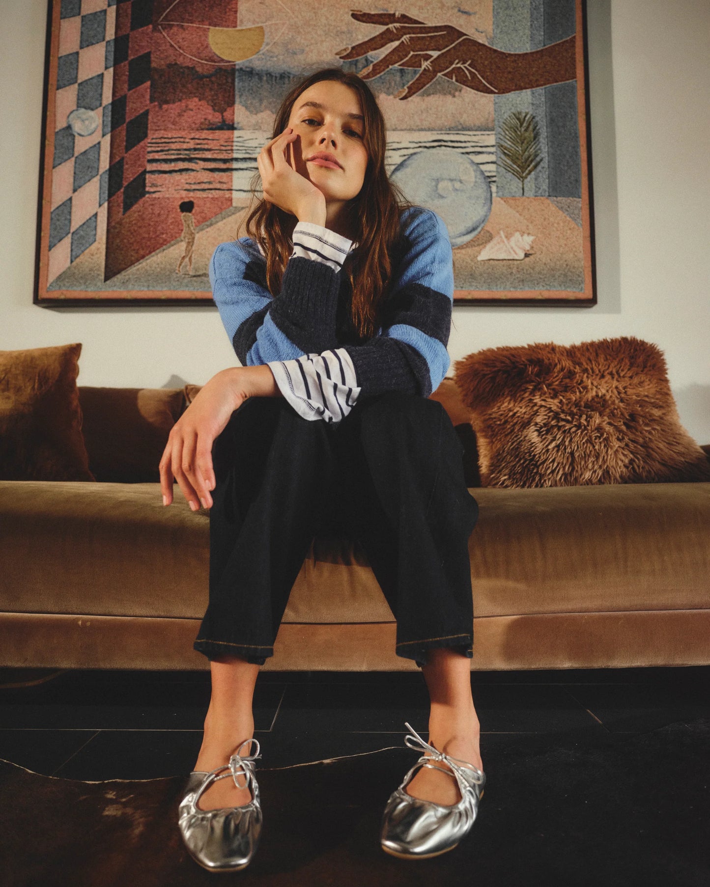 Bold Stripe Tunic Sweater With Embroidery In Blue Ice