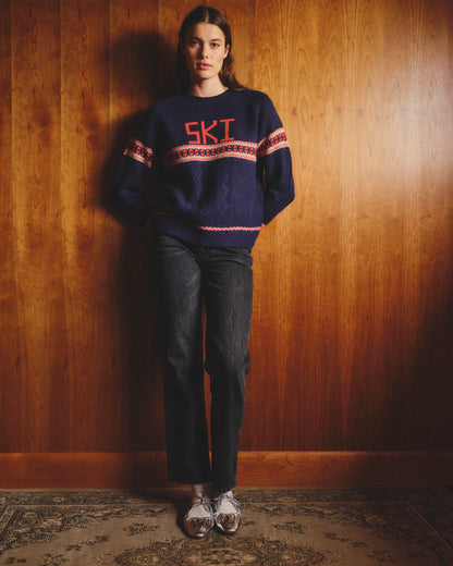 Jacquard & Cable Pullover Sweater In Deep Navy