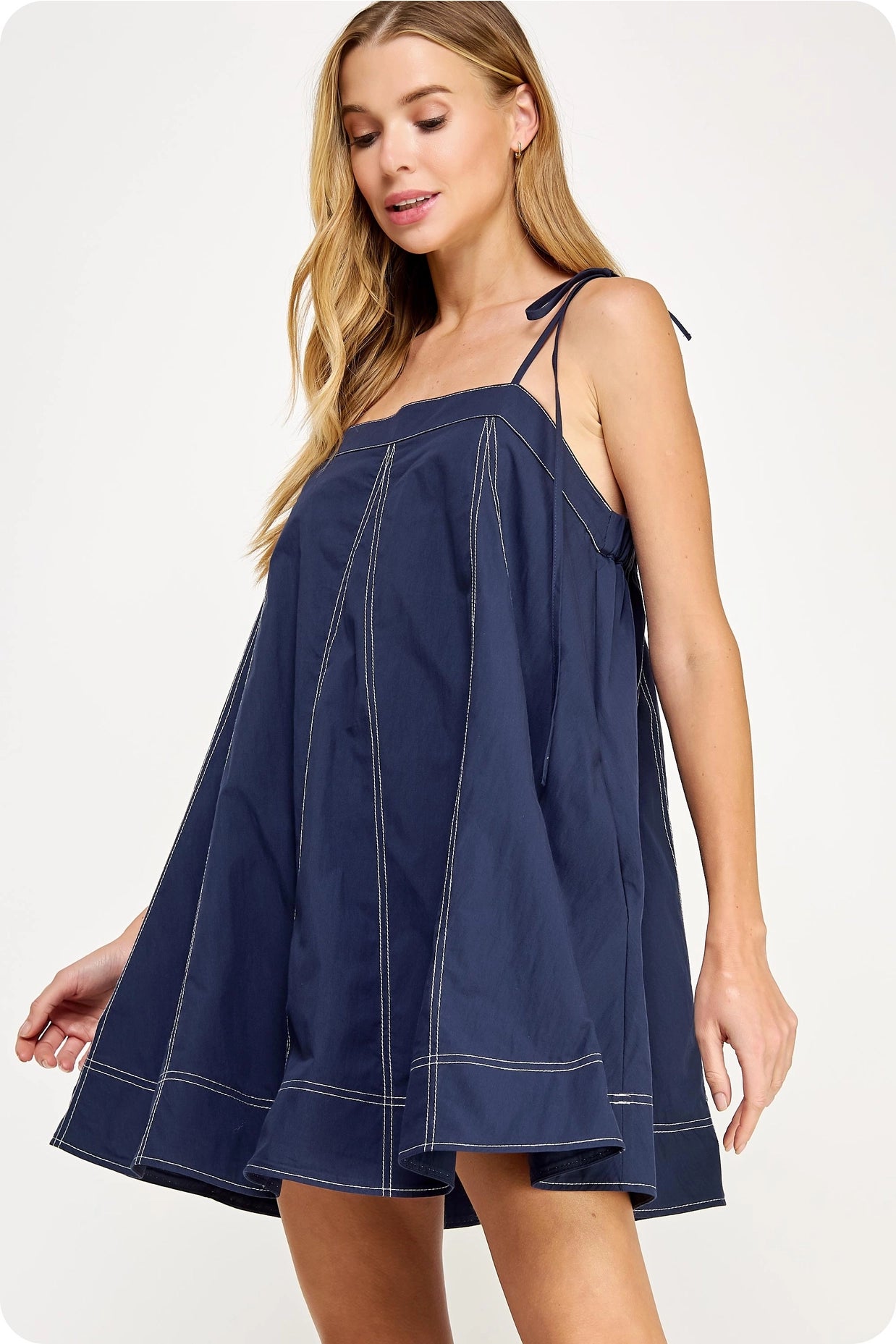 Contrast Top Stitch Mini Dress - Navy - Spinout