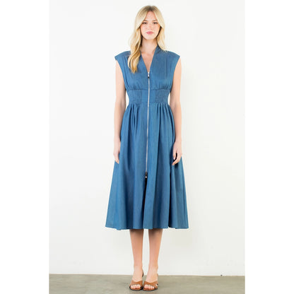 Sleeveless Denim Smocked Waist Dress - Denim Blue