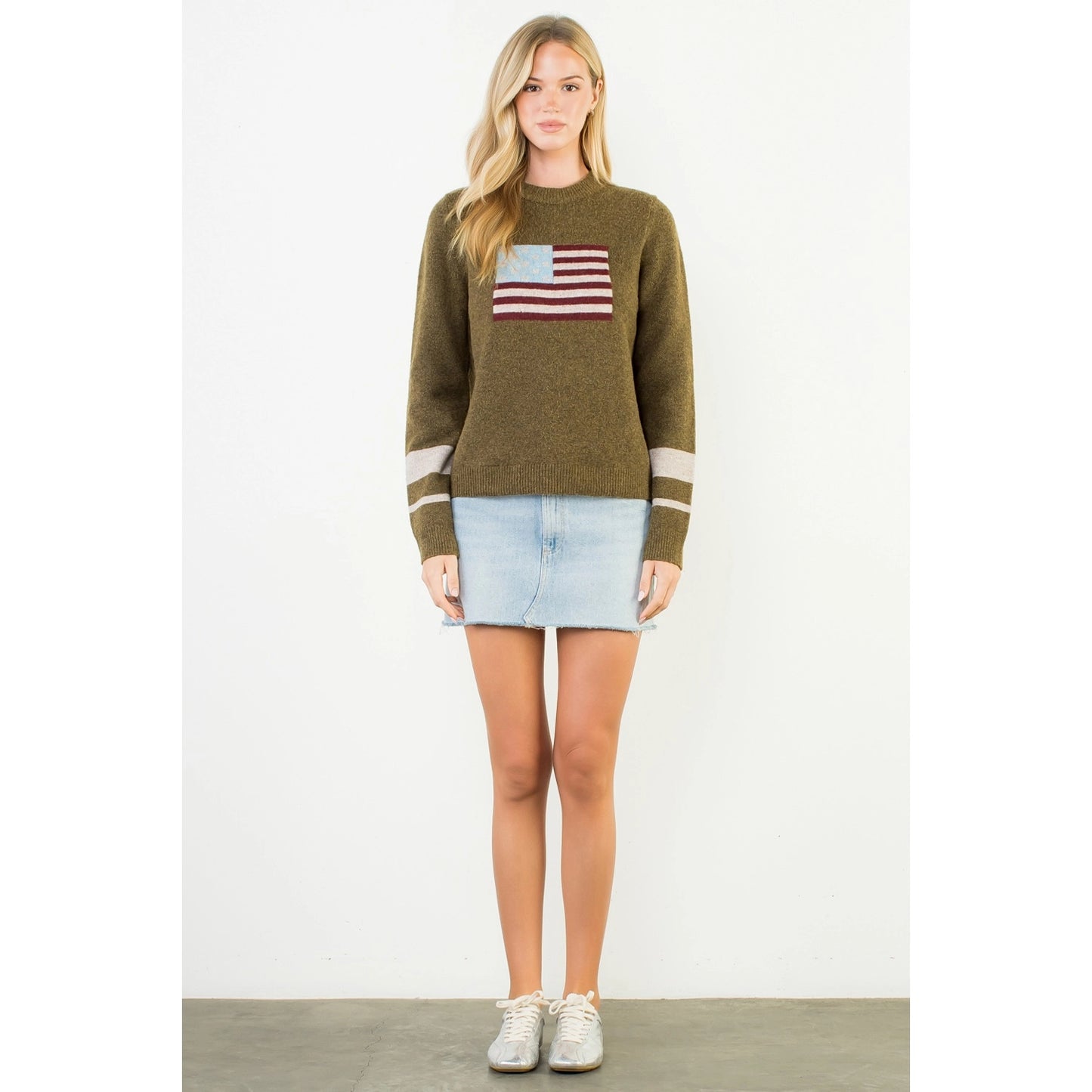 Knit Flag Detailed Sweater - Olive