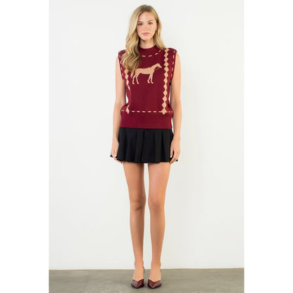 Sleeveless Horse Knit Vest - Burgundy