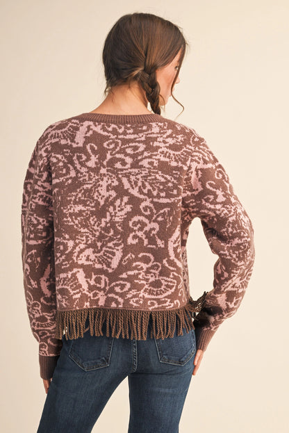 Floral Knit Fringed Sweater Cardigan - Mocha Pink