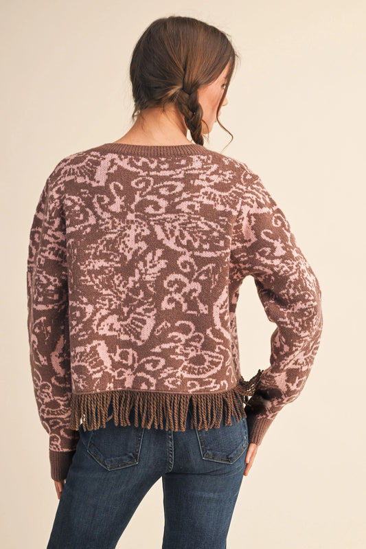 Floral Knit Fringed Sweater Cardigan - Mocha Pink