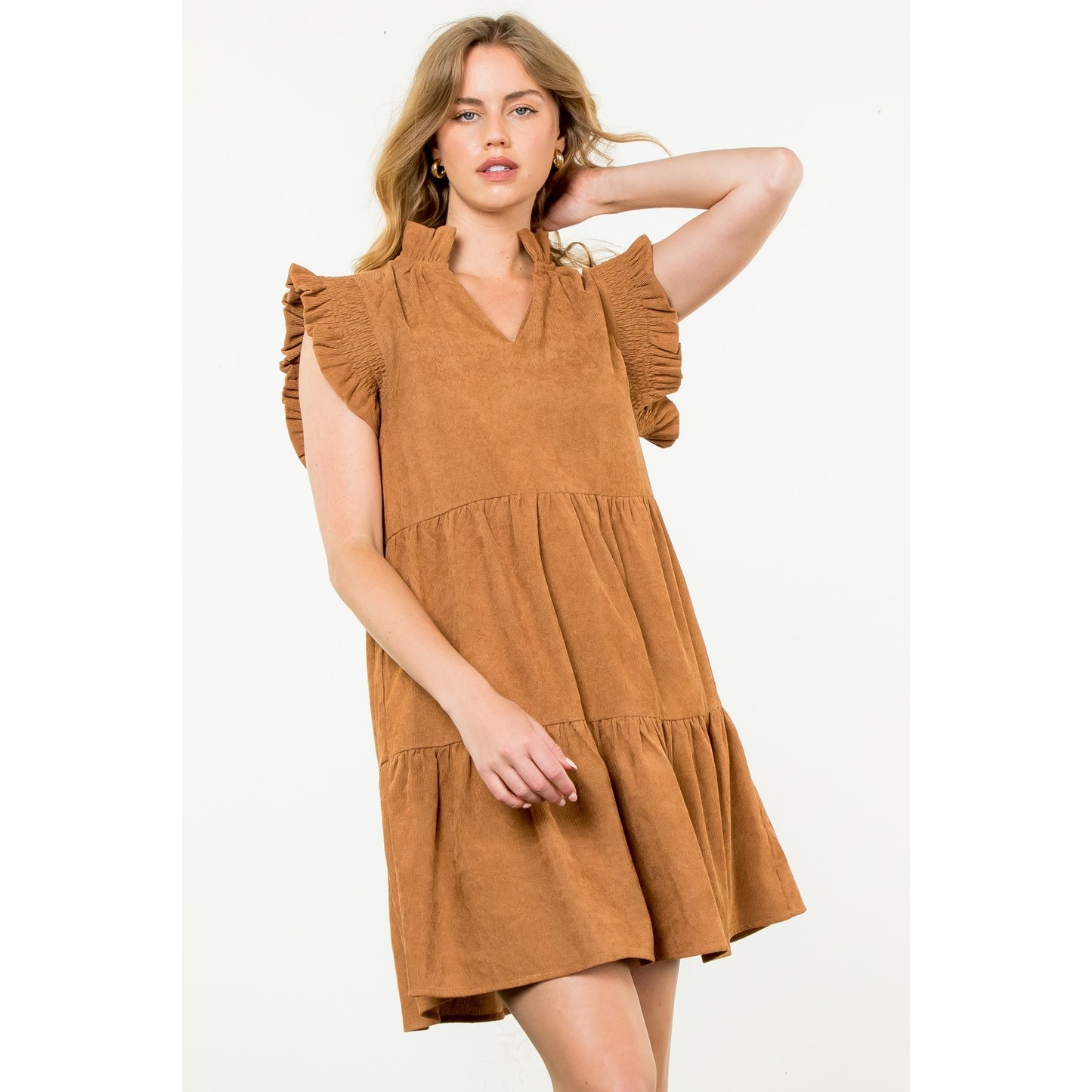 THML - Flutter Sleeve Corduroy Midi Dress - Camel