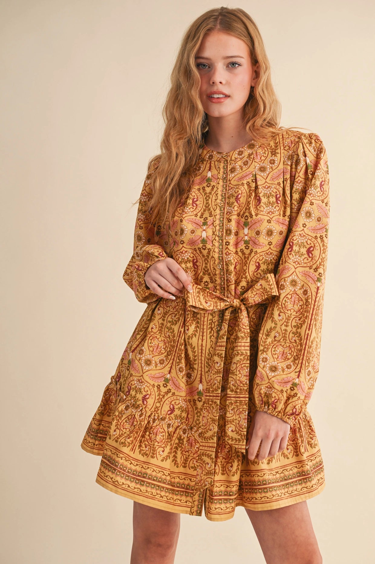 Exclusive Floral Print Button Down Belted Mini Dress - Mustard Multi