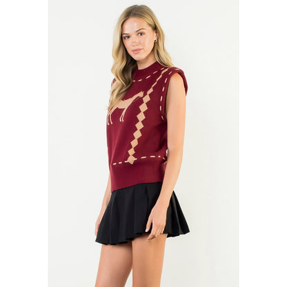 Sleeveless Horse Knit Vest - Burgundy