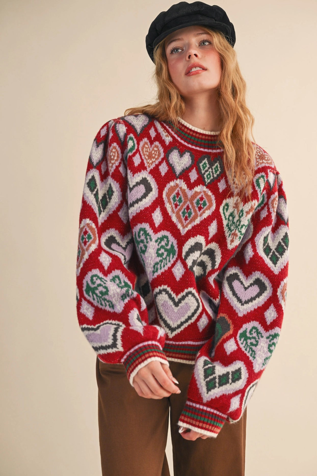 Heart Pattern Pullover Sweater - Brown Multi