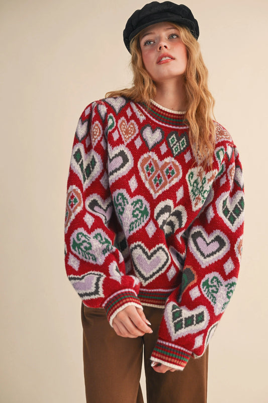 Heart Pattern Pullover Sweater - Brown Multi