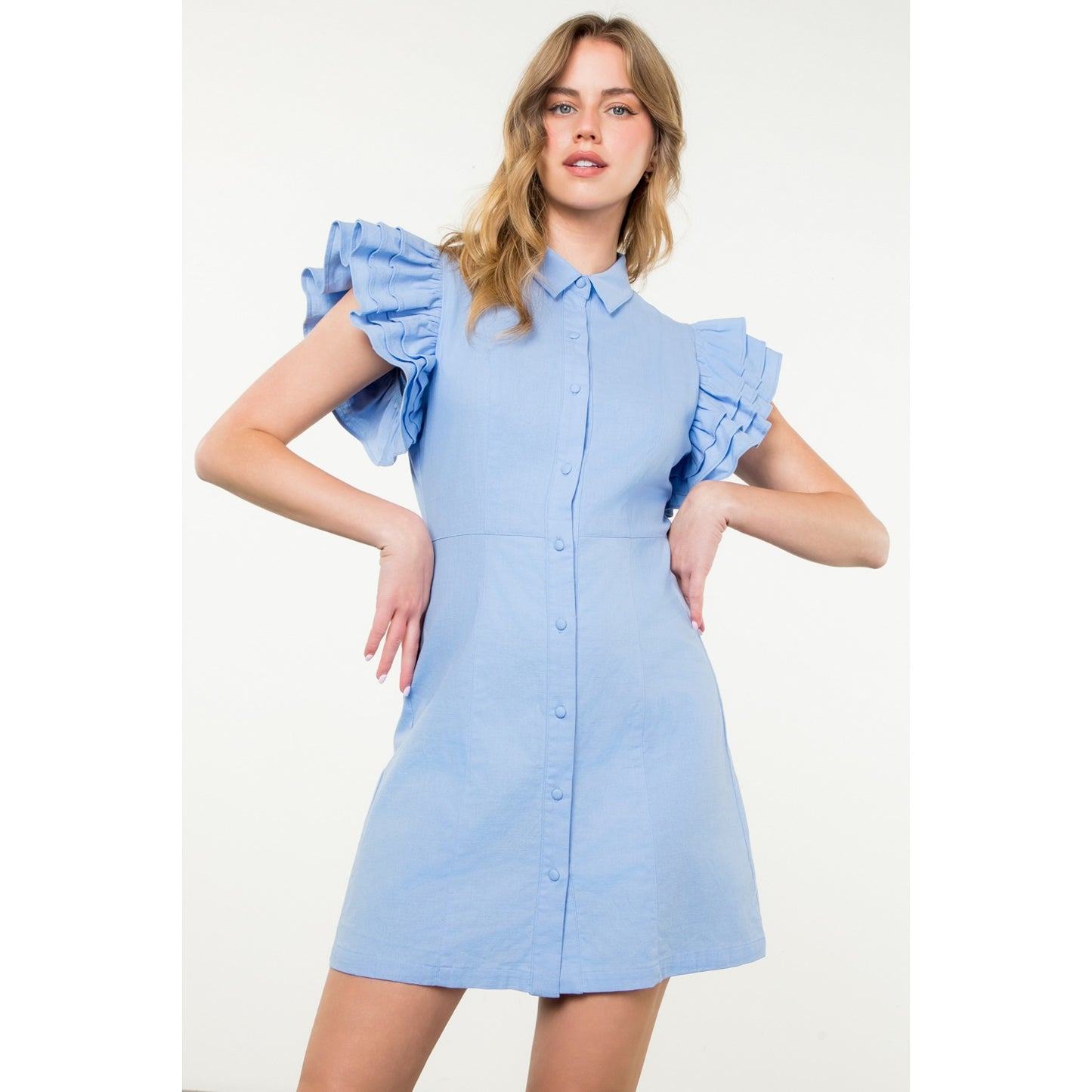 THML - Flutter Sleeve Button Up Dress - Blue