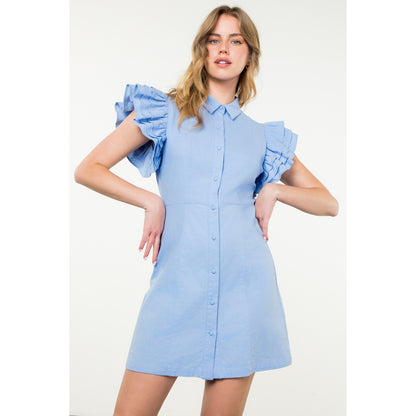 THML - Flutter Sleeve Button Up Dress - Blue