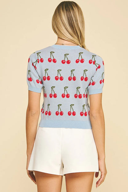 Cherry Sweater Crop Top - Dusty Blue
