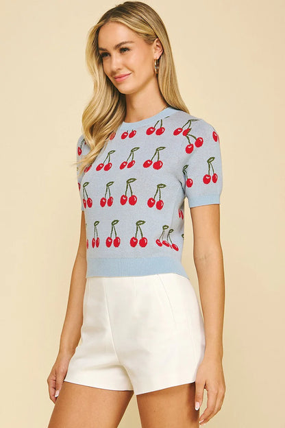 Cherry Sweater Crop Top - Dusty Blue