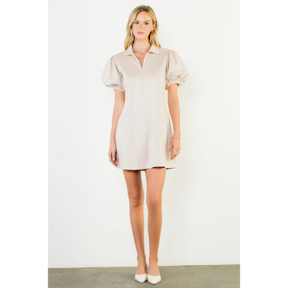 Collared Puff Sleeve Suede Dress - Cream