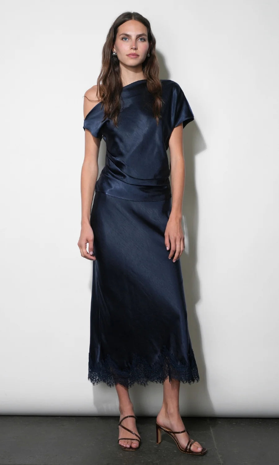 Nellie Asymmetric Satin Draped Off Shoulder Top - Navy