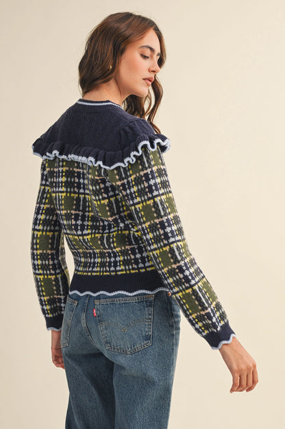 Ruffled Yoke Plaid Sweater Cardigan - Navy