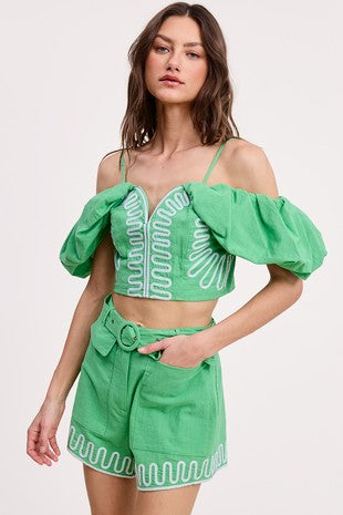 Ultramarine - Embroidered Detail Off Shoulder Top - Kelly Green