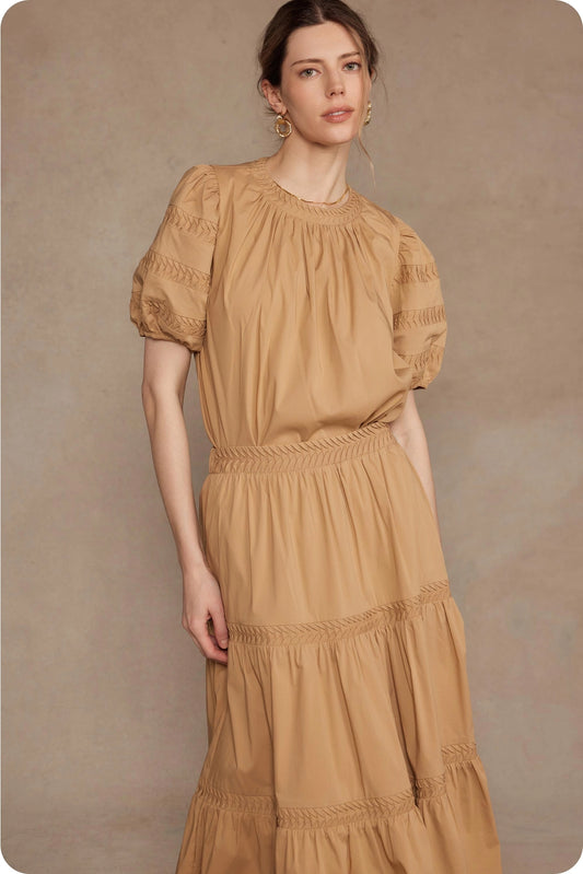 Reverse Pintuck Puff Sleeve Top - Tan