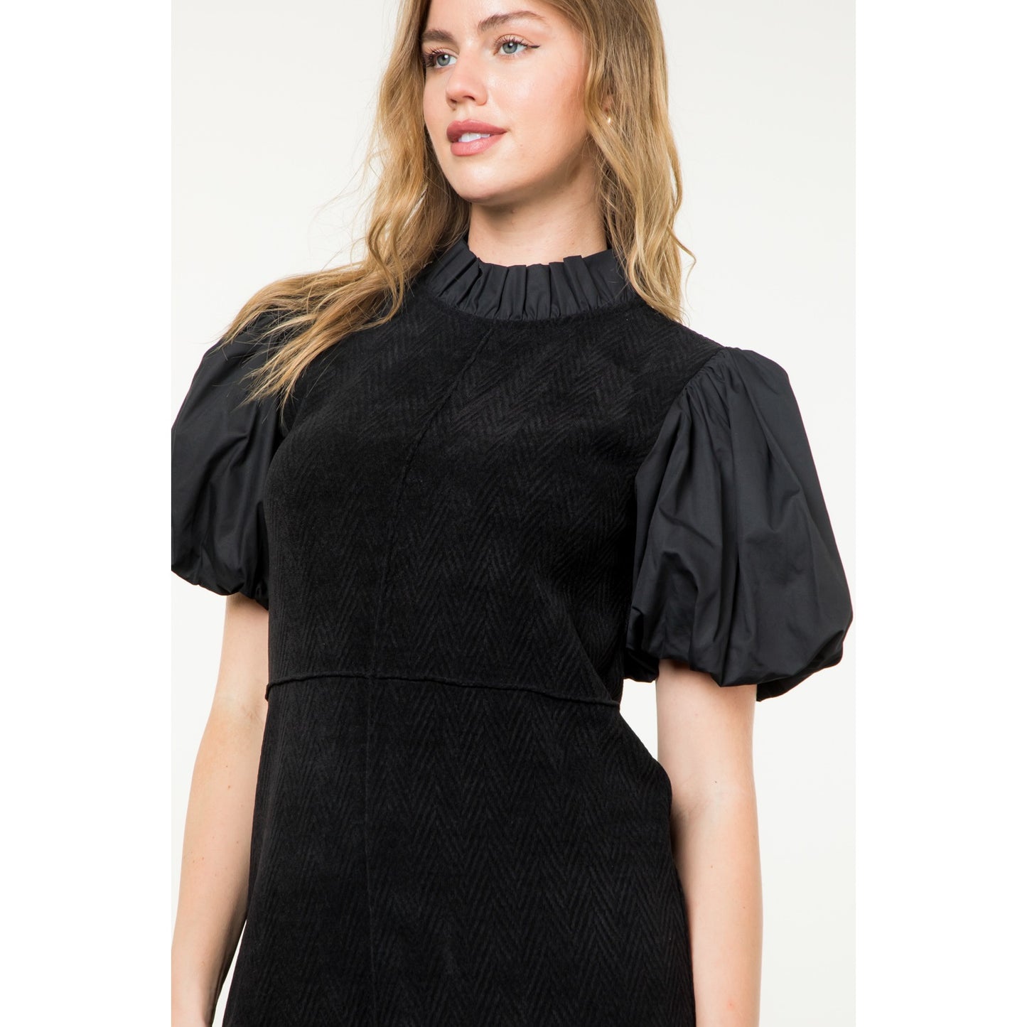 THML - Puff Sleeve Corduroy Midi Dress - Black