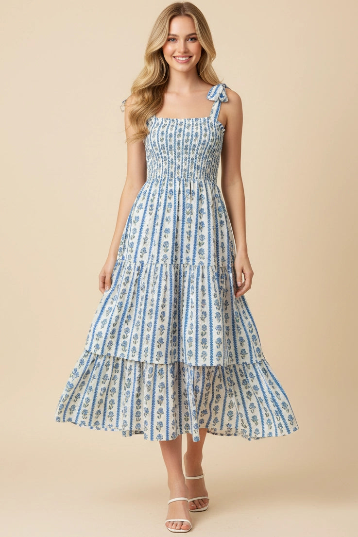 Striped Floral Smocked Midi Dress - Blue