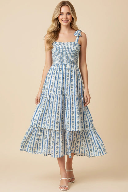 Striped Floral Smocked Midi Dress - Blue