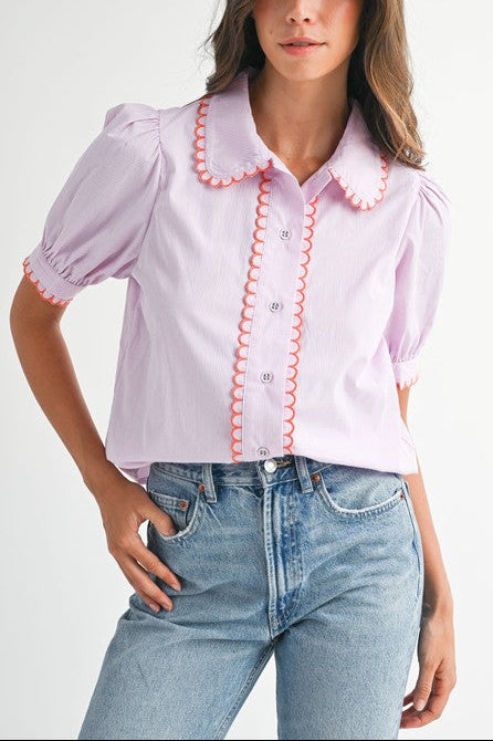 Scallop Collar Stripe Short Sleeve Shirt - Pink