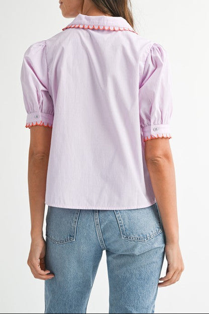 Scallop Collar Stripe Short Sleeve Shirt - Pink