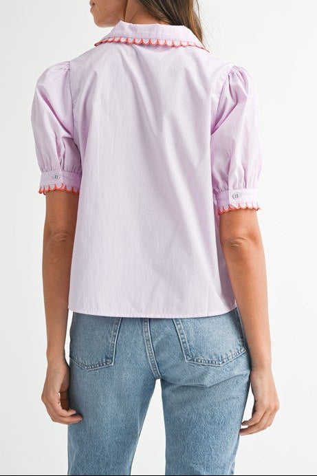 Scallop Collar Stripe Short Sleeve Shirt - Pink