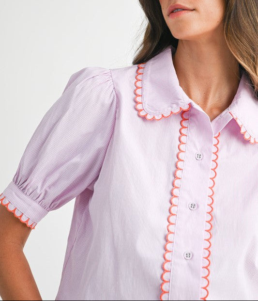 Scallop Collar Stripe Short Sleeve Shirt - Pink