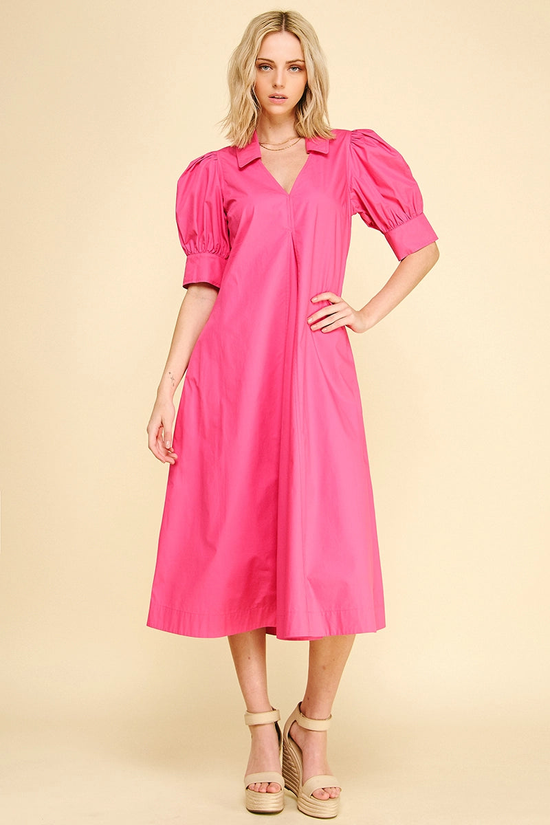 V-Neck Pleated A-Line Dress - Fuchsia