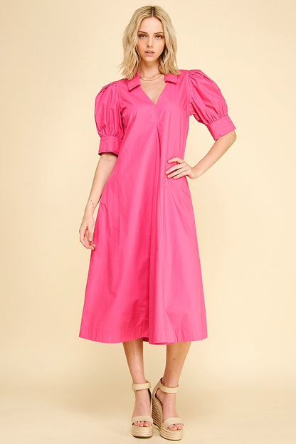 V-Neck Pleated A-Line Dress - Fuchsia