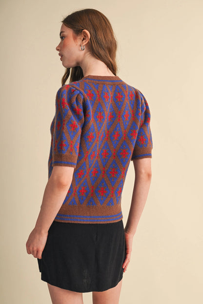 Geometric Knit Short Sleeve Sweater - Blue Brown