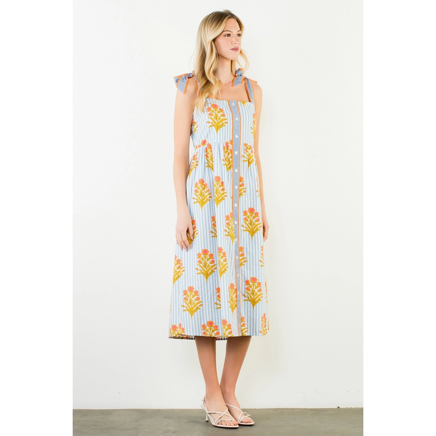 Tie Straps Floral Pattern Button Down Dress - Blue - Spinout